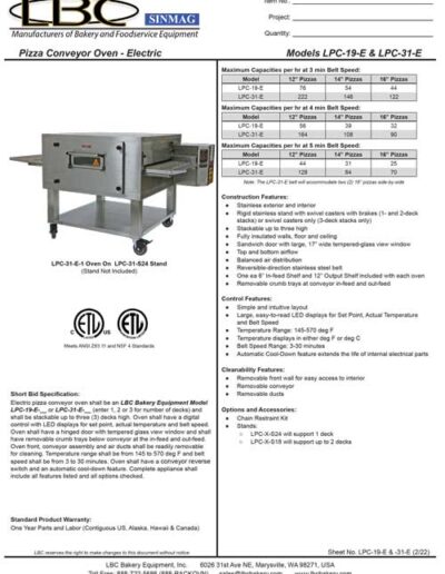 LBC Pizza Conveyor Oven – Electric Models LPC-19-E & LPC-31-E