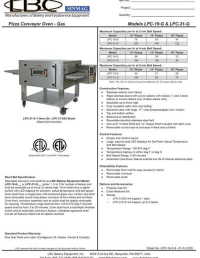 LBC Pizza Conveyor Oven – Gas Models LPC-19-G & LPC-31-G