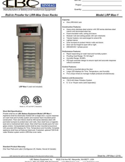 LBC Roll-In Proofer for LRR-Max Oven Racks Model LRP Max-1