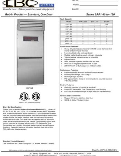 LBC Roll-In Proofer — Standard, One Door Series LRP1-40 to -120