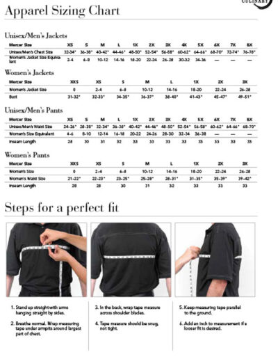 Mercer Culinary Apparel Sizing