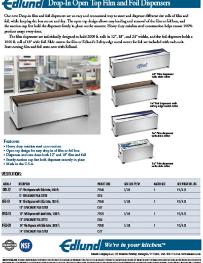 Edlund Drop-In Open Top Film and Foil Dispensers