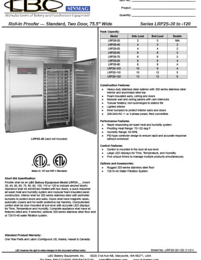 LBC Roll-In Proofer — Standard, Two Door, 75.5” Wide Series LRP2S-30 to -120