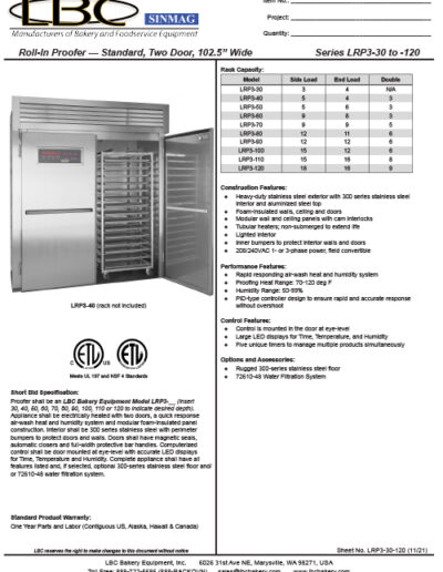 LBC Roll-In Proofer — Standard, Two Door, 102.5” Wide Series LRP3-30 to -120